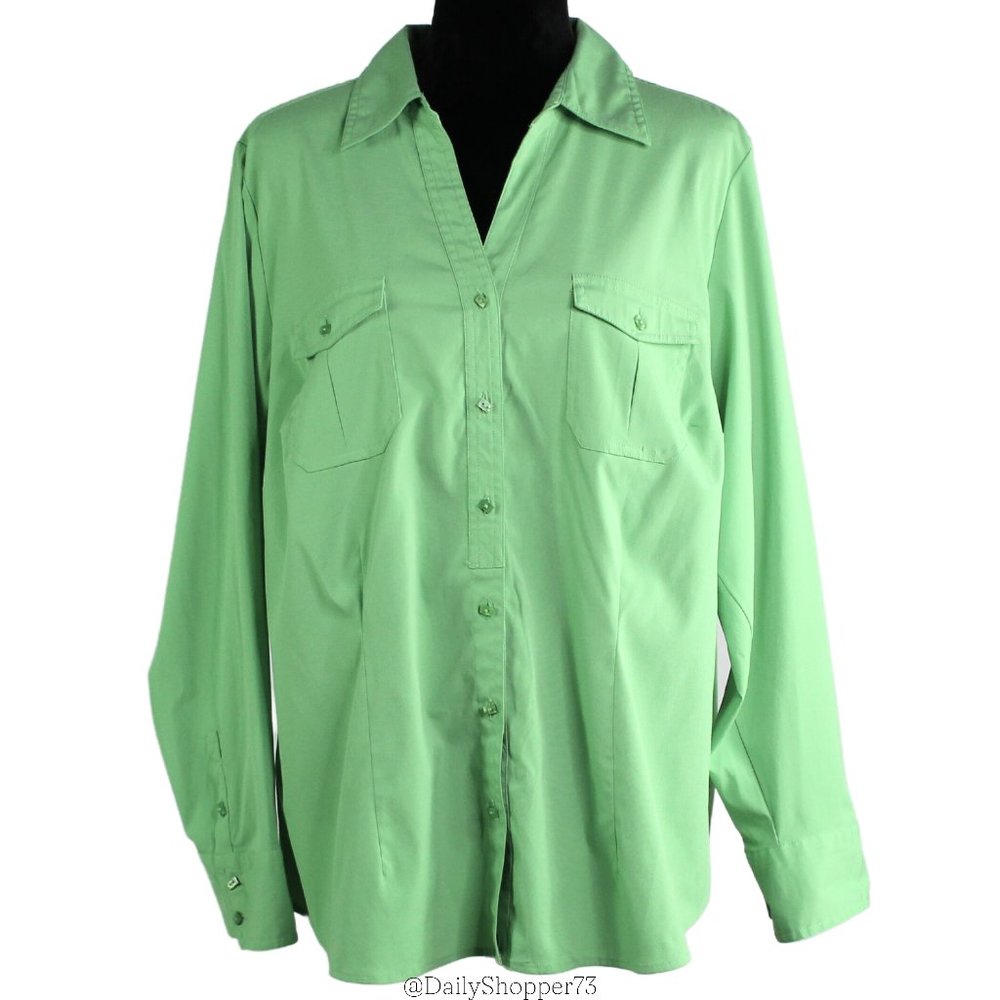 Lane Bryant Women's Green V-Neck Button Up Long Sleeve Blouse w/ Breast Pockets
